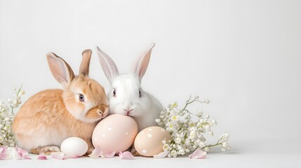 Obraz premium Two bunnies with Easter eggs and lily of the valley, spring holiday concept for greeting cards and seasonal decor. Perfect for retail displays and social media content.