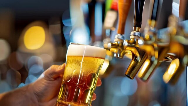 close up of bartender pouring beer into a glass from a tap in a pub