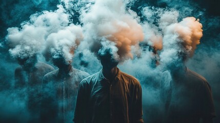 Silhouettes with clouds of smoke for heads.