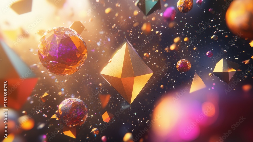 Poster abstract geometric shapes floating in vibrant cosmic atmosphere
