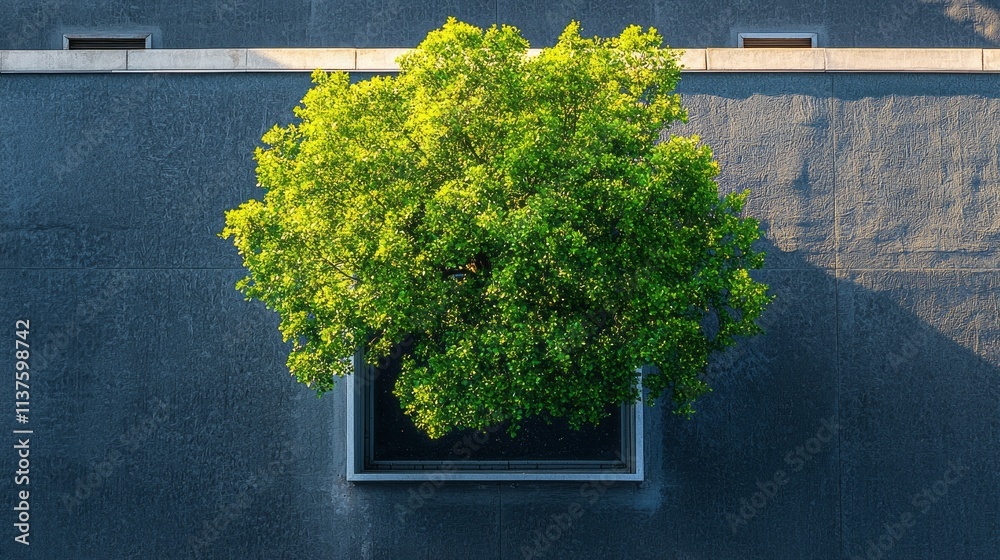 Poster A tree is growing out of a window in a building