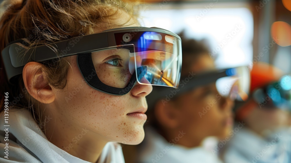 Poster Students view historical events or scientific concepts through AR glasses, integrating the virtual world with the real world.