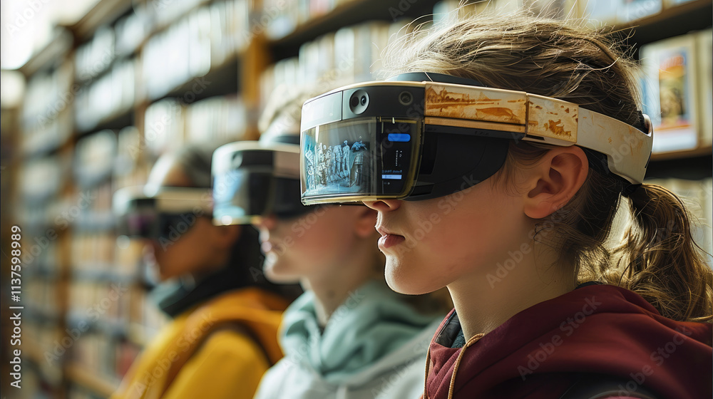 Poster Students view historical events or scientific concepts through AR glasses, integrating the virtual world with the real world.
