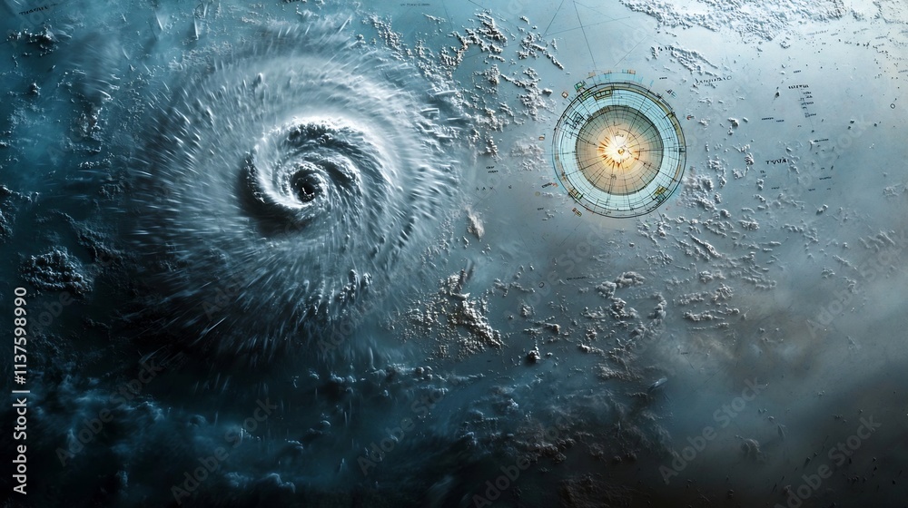 Poster detailed typhoon tracking map with a virtual twin displaying advanced storm intensity models and ana