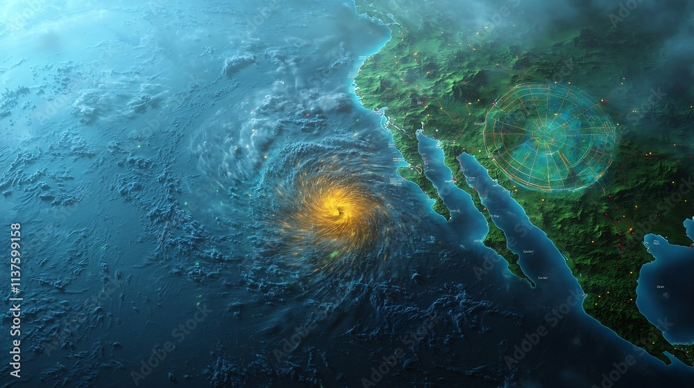 Poster typhoon tracking map with virtual twin displaying storm intensity models for weather forecasting and