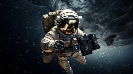 Fototapeta premium Astronaut Floating in Space with Camera