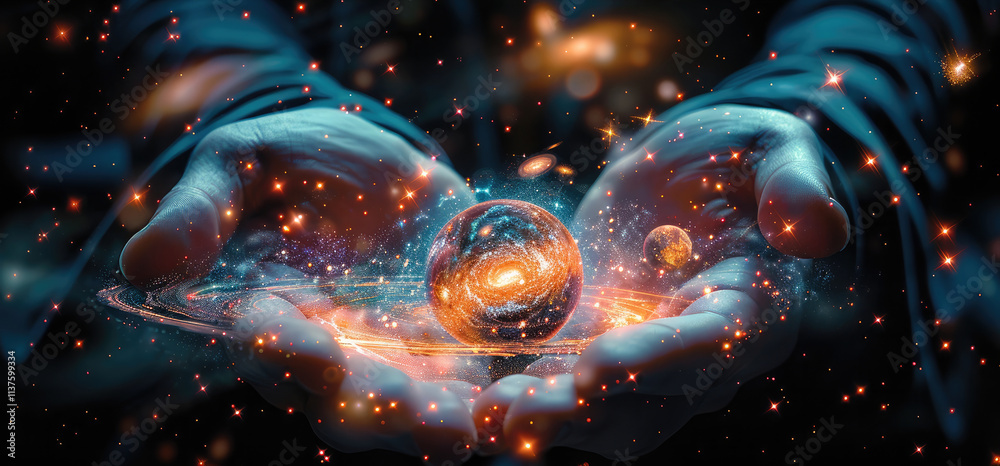 Poster a glowing pair of hands holding a small, pulsating model of the universe, with stars, planets, and e