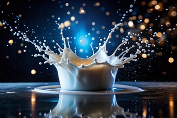 Night Photography: Coppa Latte Splash, Milk Drink, Coffee Splash, Dark Background, Illuminated Splashes, Night Scene, Beverage Photography, Food Photography, Artistic Splash