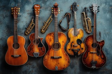 Naklejka premium Vintage Musical Instruments on Display for Sale