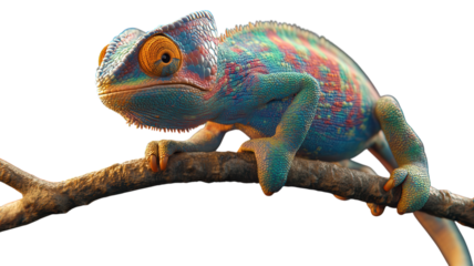 Colorful chameleon perched on a branch in natural surroundings under warm sunlight during the early morning.