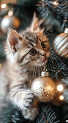 A fluffy kitten with big eyes touches a glowing Christmas tree ornament. The tree sparkles with warm lights, creating a magical festive atmosphere.