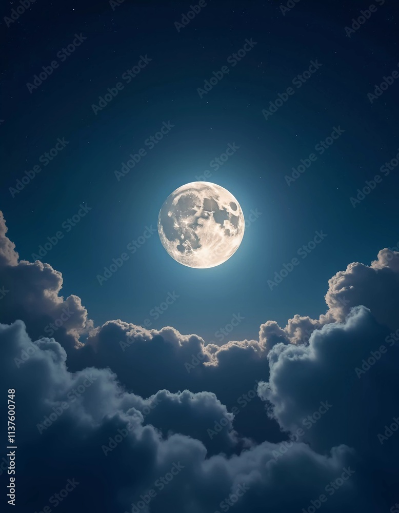 Poster A luminous moon hangs in a dark sky, surrounded by soft clouds that create a dreamy ambiance. The scene invites quiet moments of reflection and wonder under the stars. Generative AI