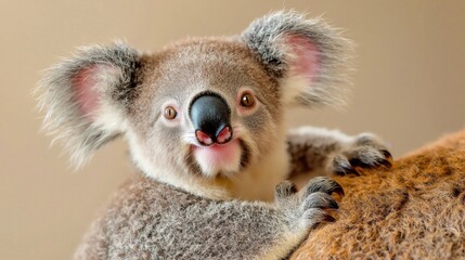 Naklejka premium The cute little baby Koala is smiling happily as it clings to its mother's back, its tiny ears perked up and round nose twitching with excitement.