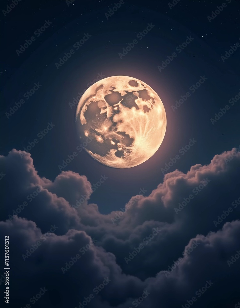 Poster A luminous moon hangs in a dark sky, surrounded by soft clouds that create a dreamy ambiance. The scene invites quiet moments of reflection and wonder under the stars. Generative AI