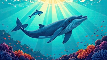 Obraz premium Majestic whale swimming gracefully among vibrant coral in a serene underwater landscape with a playful dolphin above. Generative AI