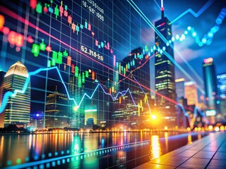 Night Photography of Stock Market Analysis Chart with Dynamic Rising and Falling Graphs, Capturing Financial Trends and Data Visualization in a Dark Setting