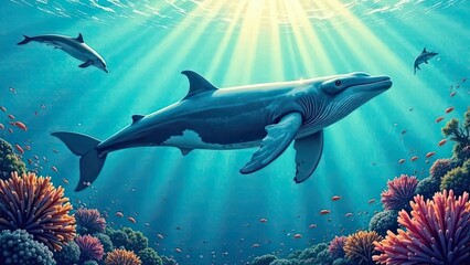 Fototapeta premium Dolphins swimming gracefully among colorful coral reefs in a vibrant underwater world. Generative AI