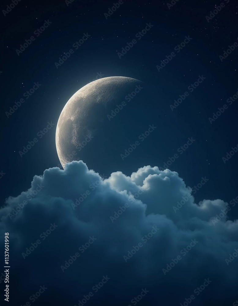 Poster A luminous moon hangs in a dark sky, surrounded by soft clouds that create a dreamy ambiance. The scene invites quiet moments of reflection and wonder under the stars. Generative AI