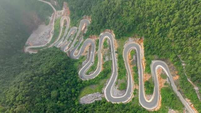Khau Coc Cha Pass Steep Winding Road in Vietnam - Dramatic Aerial View of Mountain Switchbacks.  Bao Lac district, Cao Bang province, Vietnam.  