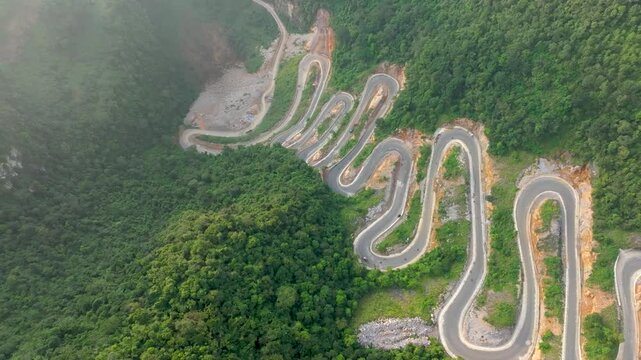 Khau Coc Cha Pass Steep Winding Road in Vietnam - Dramatic Aerial View of Mountain Switchbacks.  Bao Lac district, Cao Bang province, Vietnam.  
