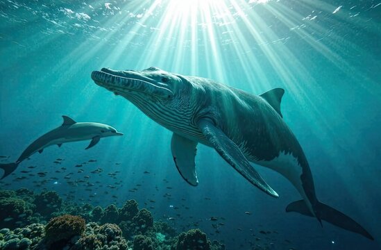 Dolphin swimming alongside prehistoric marine creature in vibrant ocean environment. Generative AI