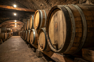 A dimly lit wine cellar featuring rows of large wooden barrels, creating an atmospheric and rustic setting for aging beverages.
