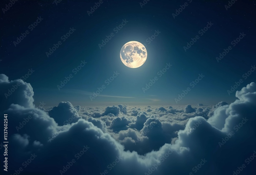 Poster A luminous moon hangs in a dark sky, surrounded by soft clouds that create a dreamy ambiance. The scene invites quiet moments of reflection and wonder under the stars. Generative AI