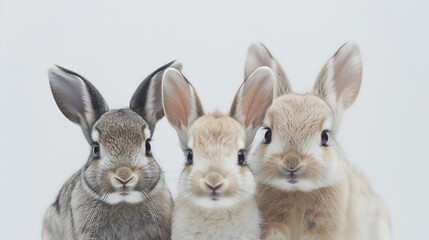 Obraz premium Three adorable rabbits of different colors pose together against a light background, showcasing their unique features and charm.