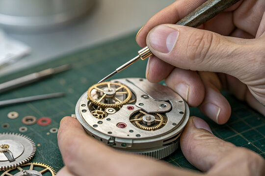 A close-up of a watchmaker's hands delicately working on a watch movement, showcasing intricate gears and precision tools.