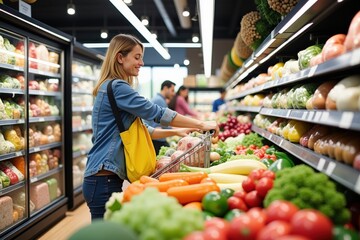 Obraz premium Fresh Produce Aisle in Supermarket: Woman Shopping for Organic Fruits and Vegetables, Promoting Healthy Lifestyle