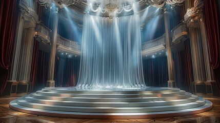 A huge circular stage, with luxurious decorations hanging from the top of the scene, luxurious decorations placed on both sides.