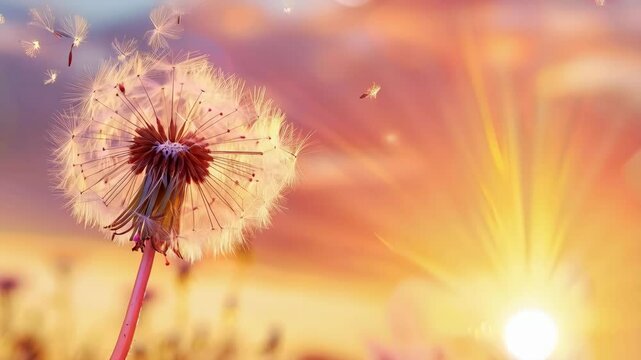 close up of dandelion flower and seeds floating away over sunset background with copy space