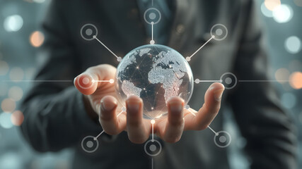 HAnd holding a transparent globe representing a network, global communication AI generated image, ai