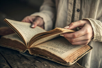 A person"s hands gently flipping through the pages of an old book, evoking a sense of nostalgia and the beauty of reading.