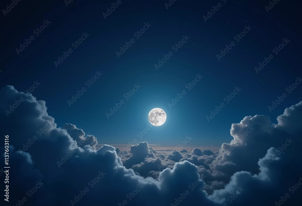Poster A luminous moon hangs in a dark sky, surrounded by soft clouds that create a dreamy ambiance. The scene invites quiet moments of reflection and wonder under the stars. Generative AI