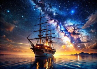 Fototapeta premium Night Ship Photography: Dark Ocean, Starry Sky, Illuminated Vessel, Dramatic Seascape, Nautical Night Scene, Harbor at Night, Ocean Liner, Cargo Ship, Sailing Ship, Nighttime Shipping