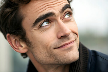 Obraz premium A thoughtful young man gazes upward with a slight smile, showcasing a relaxed demeanor and a hint of curiosity against a soft, blurred background.