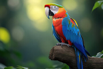 Fototapeta premium Scarlet Macaw Perches Majestically on Branch in Lush Green Forest