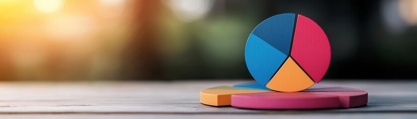 Fototapeta premium A colorful pie chart sits on a wooden surface, illuminated by warm sunlight, representing data visualization and analysis in a vibrant setting.