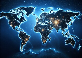 Night World Map Infographic: Atlas of Continents, Global Landmass, Borders, Night Photography