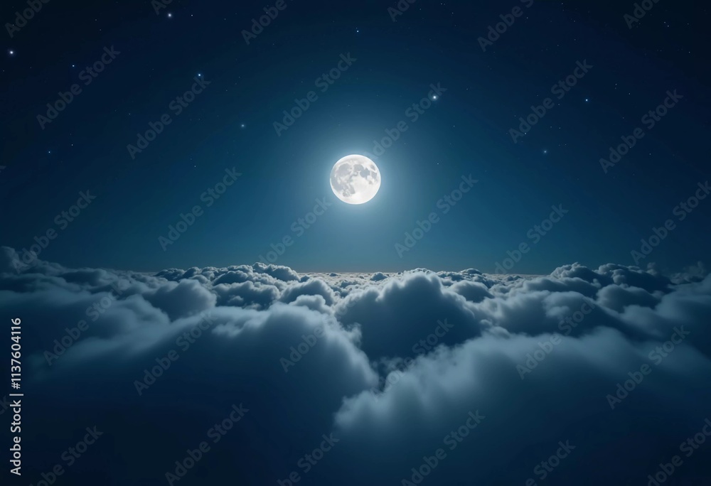 Poster A luminous moon hangs in a dark sky, surrounded by soft clouds that create a dreamy ambiance. The scene invites quiet moments of reflection and wonder under the stars. Generative AI