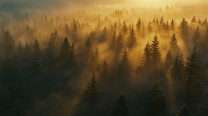Fototapeta premium Serene Misty Pine Forest in Dawn