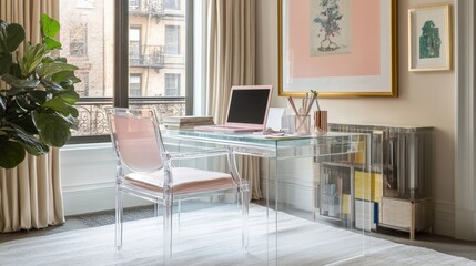 Modern Home Office with Crystal Desk and Pink Chair