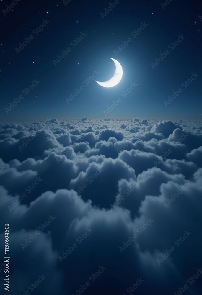 Poster A luminous moon hangs in a dark sky, surrounded by soft clouds that create a dreamy ambiance. The scene invites quiet moments of reflection and wonder under the stars. Generative AI