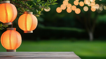 Fototapeta premium Chinese lanterns concept. Beautifully lit lanterns create a serene ambiance in a lush garden setting.
