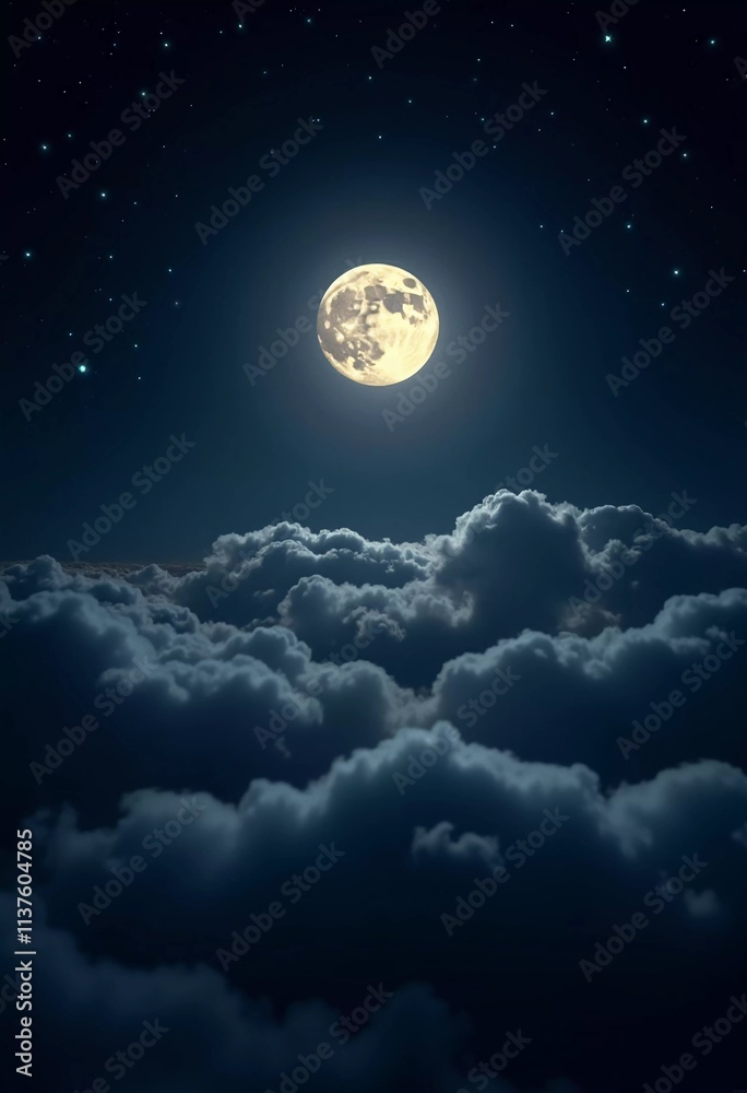 Poster A luminous moon hangs in a dark sky, surrounded by soft clouds that create a dreamy ambiance. The scene invites quiet moments of reflection and wonder under the stars. Generative AI