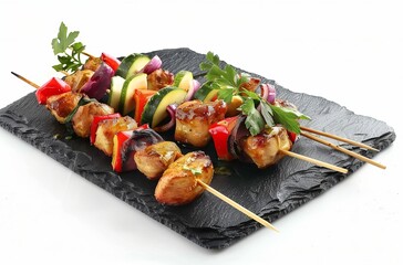 Tuscan-inspired chicken and vegetable skewers on a black slate plate, isolated against a white background