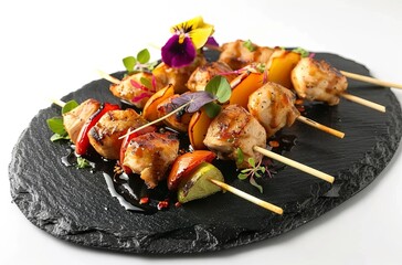 Tuscan-inspired chicken and vegetable skewers on a black slate plate, isolated against a white background