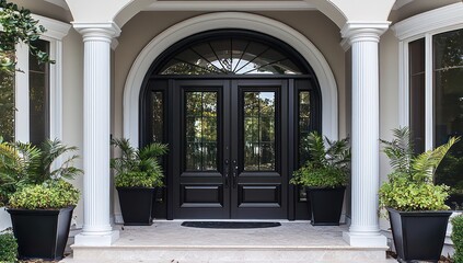 Luxury home entrance with arched black double doors, white columns, and green plants.