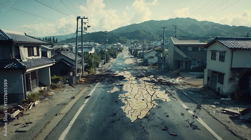 Poster a photograph of a tsunami evacuation map overlaid with a virtual twin simulating escape route optimi